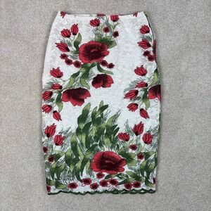 Meek Womens Floral Embroidered Lace Pencil Skirt White Red Green Size M